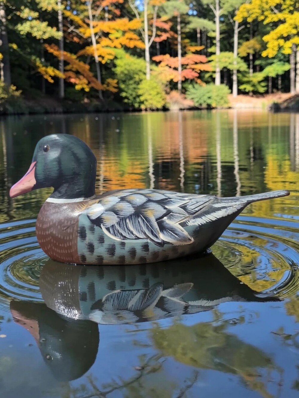 Vtg 70's Male Mallard Duck Wooden Painted Decoy Carved Cabin Art #291-556C Glass
